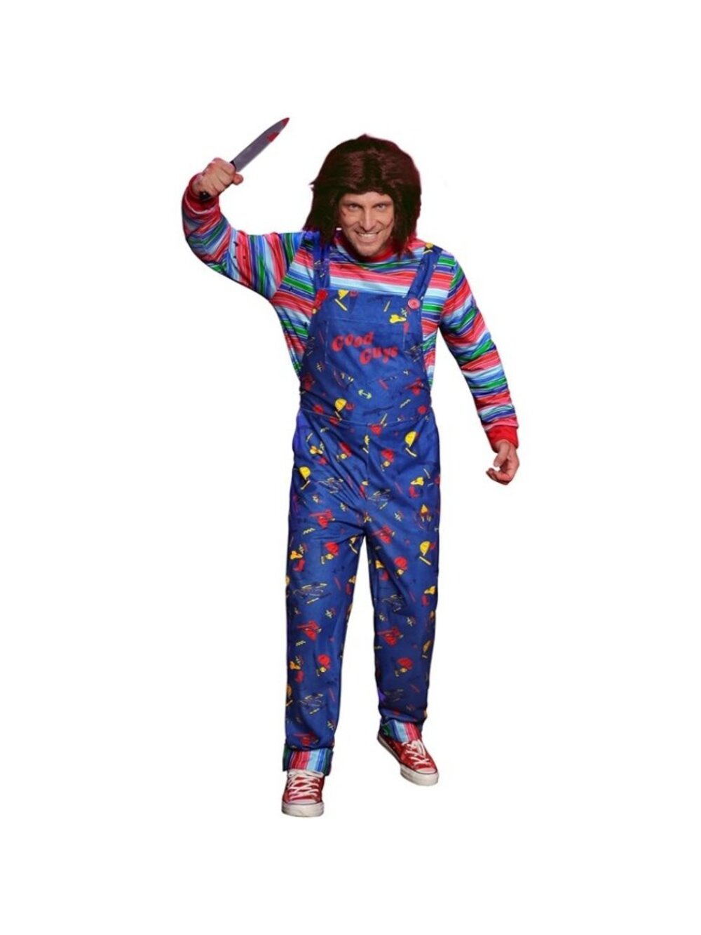 4 Pcs Killer Doll Movie Costume Unisex Wig Knife Heavy Overalls Shirt Cosplay XL